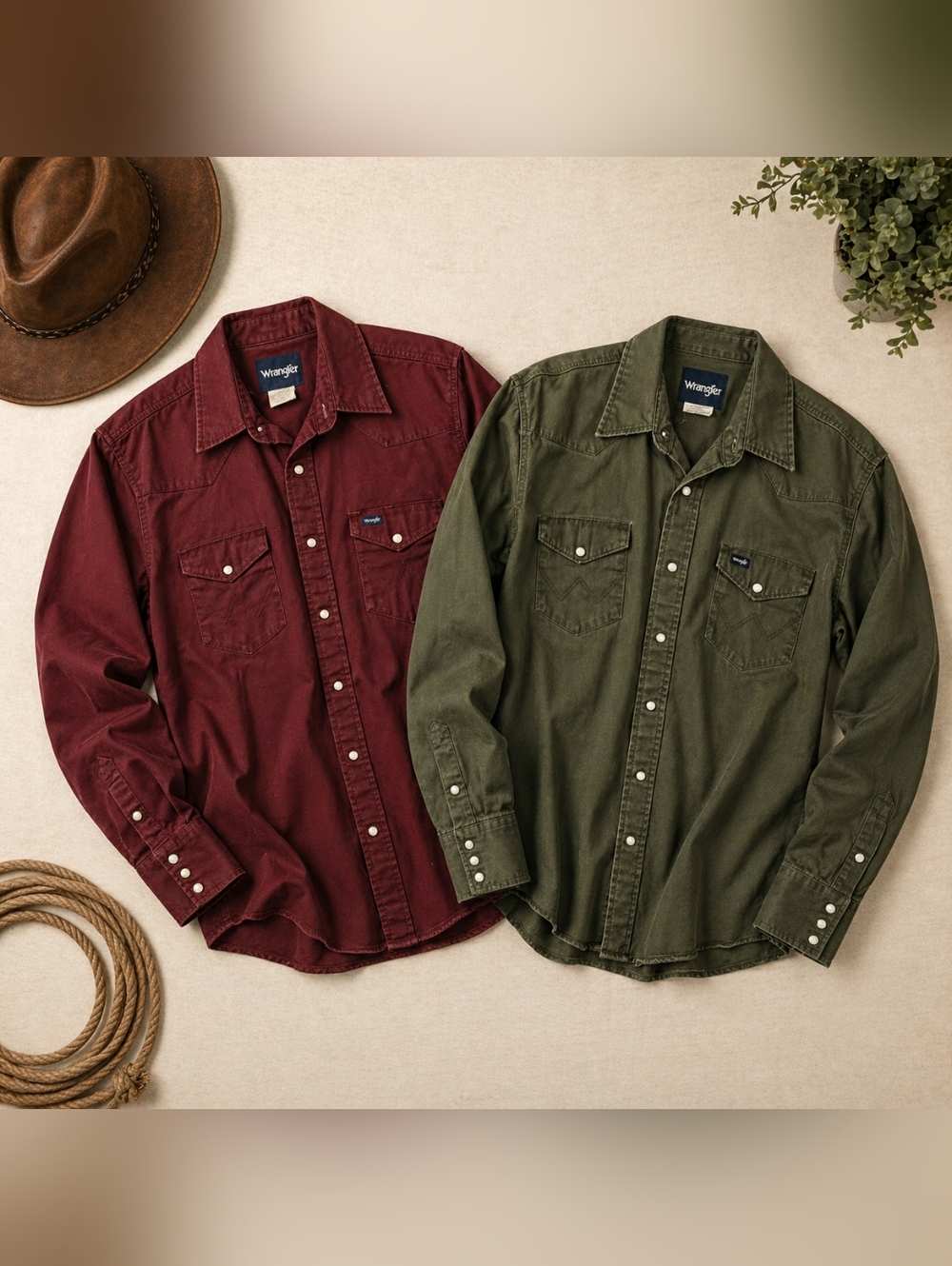 Vtg Wrangler Brushhopper Pearl Snap Shirts. Lot Of 2. Green/maroon. Mens Large